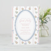 Floral Graduation Photo Announcement Card Blue Bow Einladung (Stehend Vorderseite)