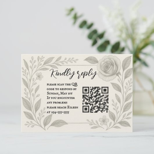 Floral Graphite QR Code Wedding RSVP Card (Stehend Vorderseite)