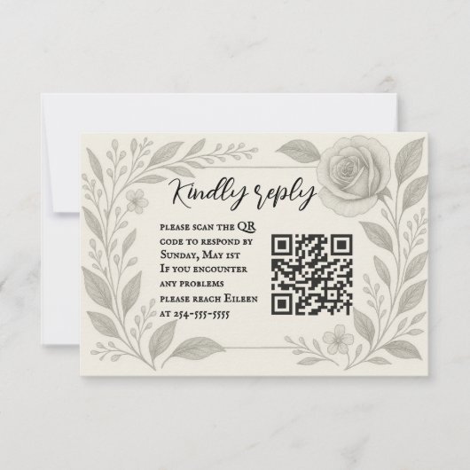 Floral Graphite QR Code Wedding RSVP Card Karte (Vorderseite)