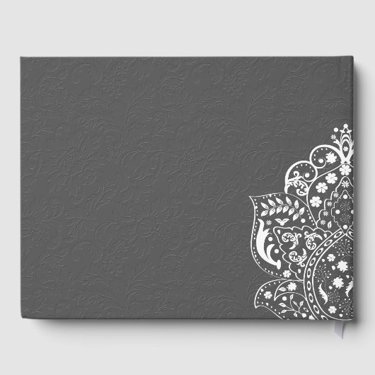 Floral Gray Damask White Mandela Gästebuch (Rückseite)