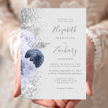 Floral Gray Navy Blue Lilac Silver Wedding Einladung<br><div class="desc">Die links Seite dieses eleganten,  modernen Hochzeitseinladens besticht durch einen Blumenstrauß in marineblau-blauen und blasslila Tönen,  bestickt mit silberner Imitat-Folie und Imitaten Glitzer-Blattwerk und mit silberfarbenem Imitat-Glitzer bestreut. Der anpassbare Text kombiniert graue Schrift,  Copperplate und kursivem Schriftart auf einem hellsilbergrauen Hintergrund. Die Rückseite weist ein passendes Blumendesign auf.</div>
