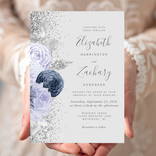 Floral Gray Navy Blue Lilac Silver Wedding Einladung