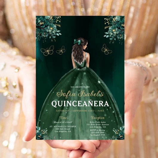 Floral Green Bilingual Spanish Quinceanera Einladung