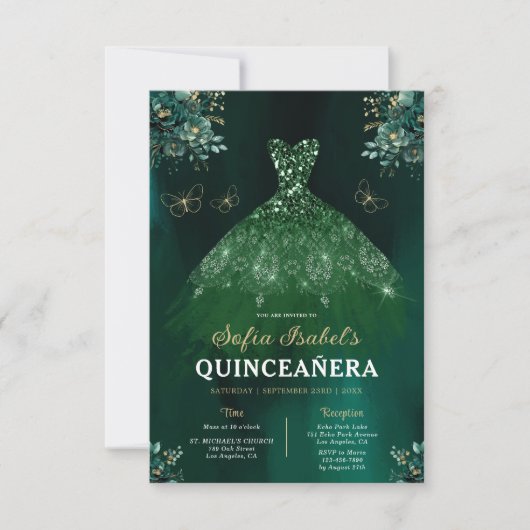 Floral Green Bilingual Spanish Quinceanera Einladung (Vorderseite)