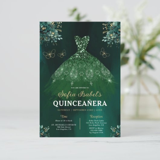 Floral Green Bilingual Spanish Quinceanera Einladung (Stehend Vorderseite)