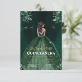 Floral Green Bilingual Spanish Quinceanera Einladung (Stehend Vorderseite)