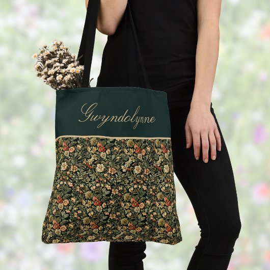 Floral Green Cream William Morris Inspired w Name Tasche