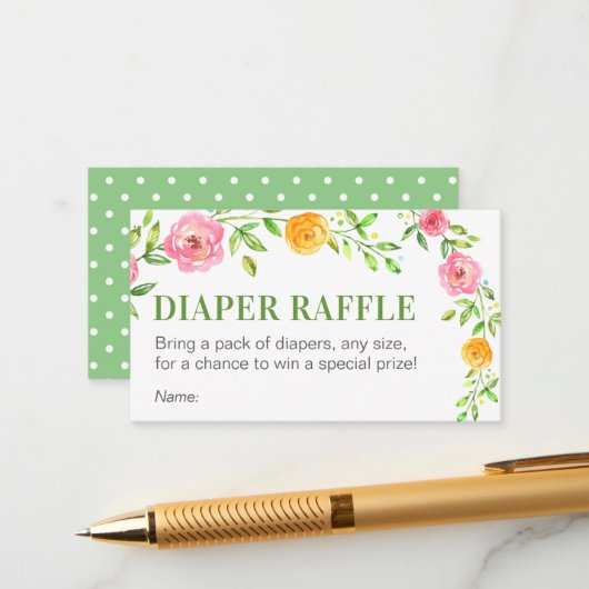 Floral Green Diaper Raffle Ticket Baby Dusche Begleitkarte (Vorderseite/Rückseite Beispiel)