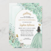 Floral Green Gold Princess Birthday Quinceanera Einladung (Vorne/Hinten)