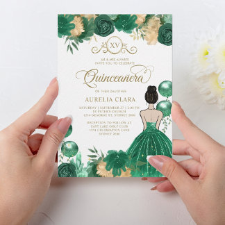 Floral Green Gold Princess XV Quinceañera Geburtst Einladung