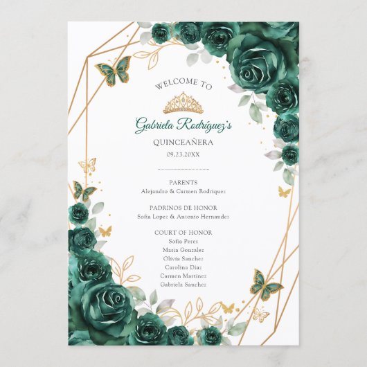 Floral Green Gold Quinceanera Order of Events Programm (Vorderseite)