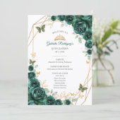 Floral Green Gold Quinceanera Order of Events Programm (Stehend Vorderseite)