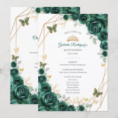 Floral Green Gold Quinceanera Order of Events Programm (Vorne/Hinten)