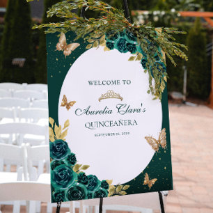 Floral Green Gold Tiara Butterfly Quinceañera Poster