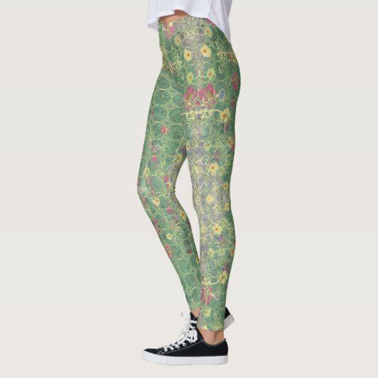 Floral Green Grey Tile Leggings (Links)