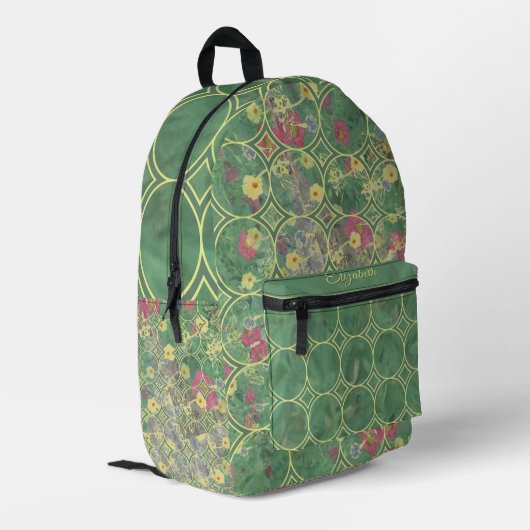 Floral Green Tile Bedruckter Rucksack (Rückseitige Ecke links)