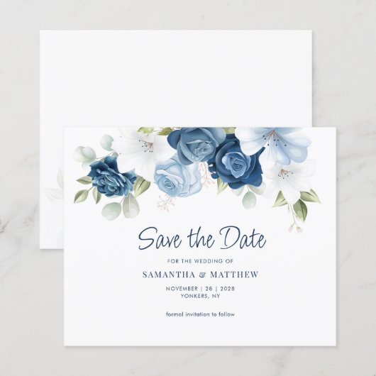 Floral Greenery Dusty Blue Save the Date (Vorne/Hinten)