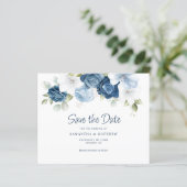 Floral Greenery Dusty Blue Save the Date (Stehend Vorderseite)