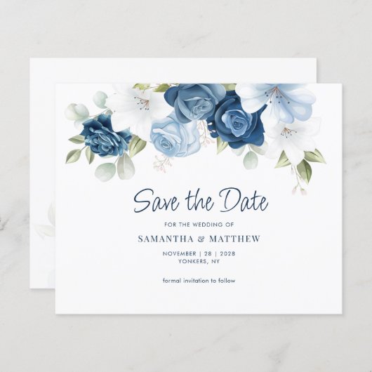 Floral Greenery Dusty Blue Save the Date (Vorne/Hinten)