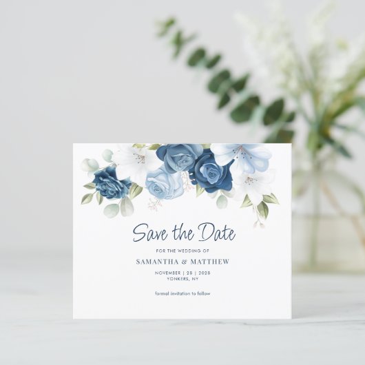 Floral Greenery Dusty Blue Save the Date (Stehend Vorderseite)