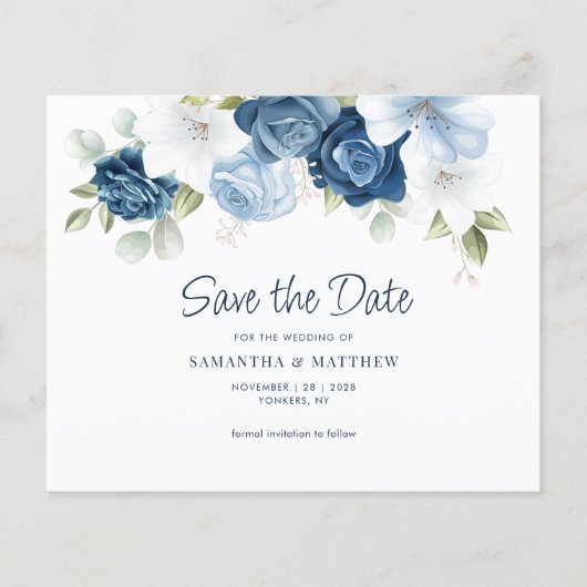 Floral Greenery Dusty Blue Save the Date (Vorderseite)