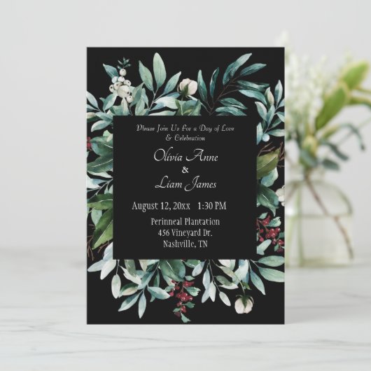 Floral Greenery Elegant Chic Script Name Wedding Einladung (Stehend Vorderseite)