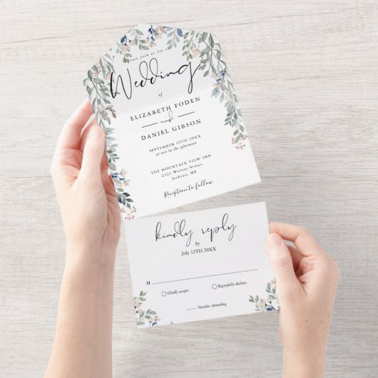 Floral Greenery Elegante Script Wedding All In One Einladung (Abreißen)