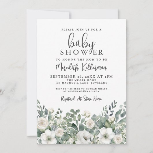 Floral Greenery Eucalyptus Baby Shower Einladung (Vorderseite)