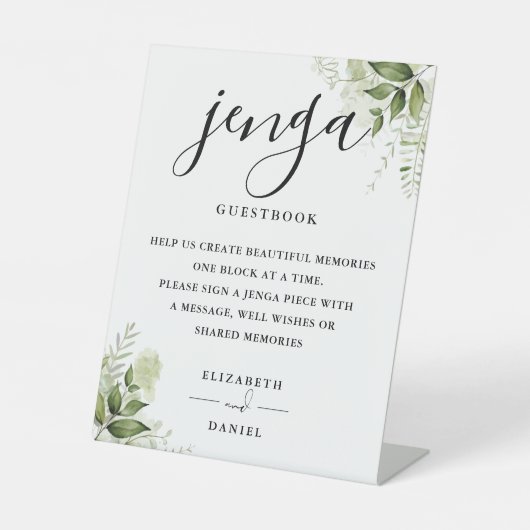 Floral Greenery Jenga Wedding Guestbook Sockelschild (Vorderseite)