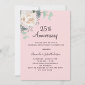 Floral greenery pink 25th wedding anniversary einladung (Vorderseite)