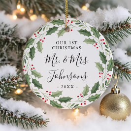 Floral Greenery Wreath Our First Christmas Keramik Ornament