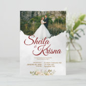 Floral Grey Maroon Elegance Wedding with Photo Einladung (Stehend Vorderseite)