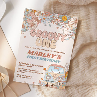 Floral Groovy One Retro 1. Geburtstag Party Einladung
