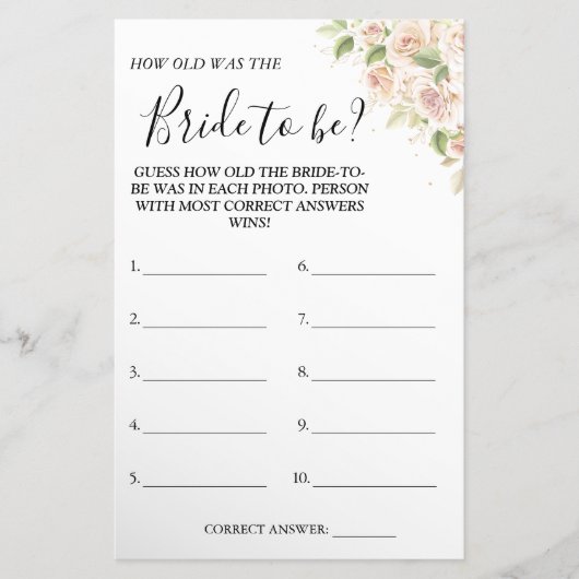 Floral Guess wie alt war "She Dusche" Spielkarte Flyer (Vorne)