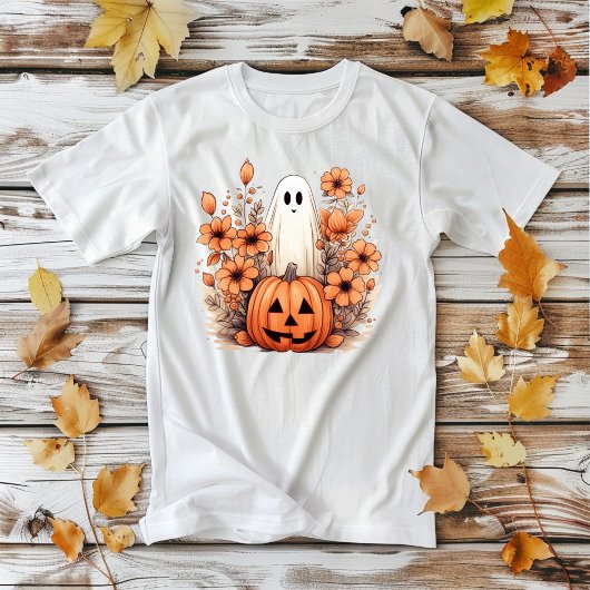 Floral Halloween Pumpkin Ghost T-Shirt