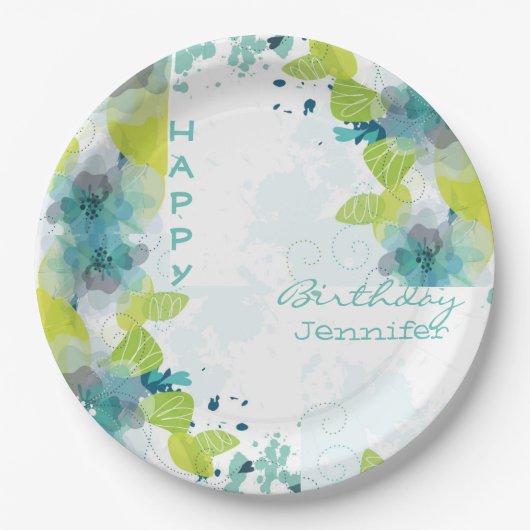 Floral Happy Birthday Individuelle Name 9" Paper T Pappteller (Vorderseite)