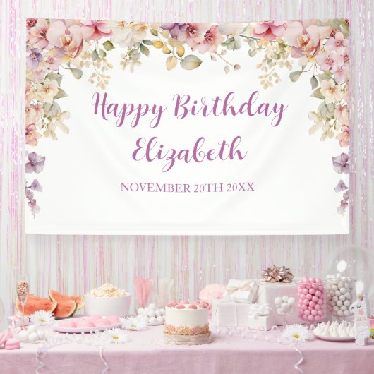 Floral Happy Birthday orchids backdrop banner (Party)