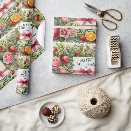 Floral Happy Birthday Wrapping Paper Geschenkpapier (Kunsthandwerk)