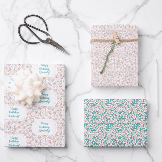 Floral Happy Geburtstag mit Namen Geschenkpapier Set (Vorderseite)