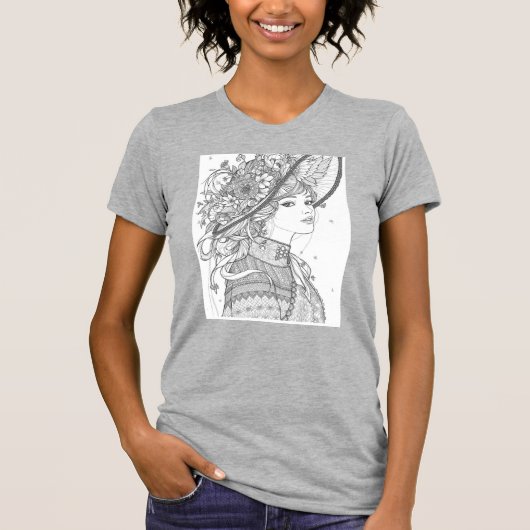 Floral Hat Lady Ink Art T-Shirt (Vorderseite)