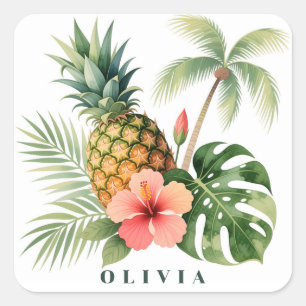 Floral Hawaii Ananas- und Hibiskus-Sommer-Name Quadratischer Aufkleber