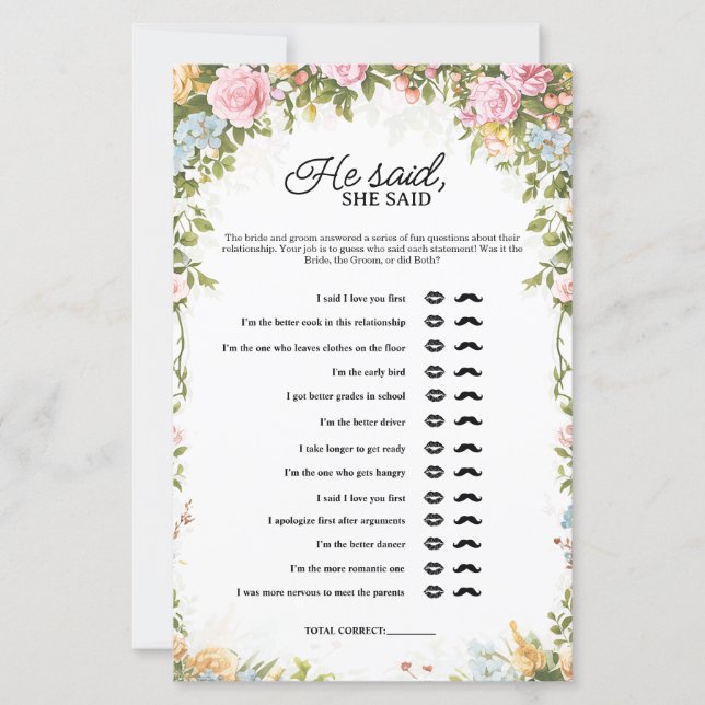 Floral He Said She Said Brautparty-Spiel (Vorderseite)