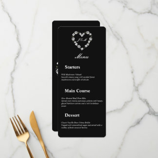 Floral Heart Black And White Wedding Menu Menükarte
