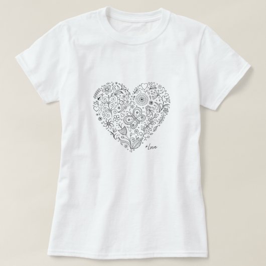 Floral Heart Doodle Romantic Botanical Line Art T-Shirt (Design vorne)