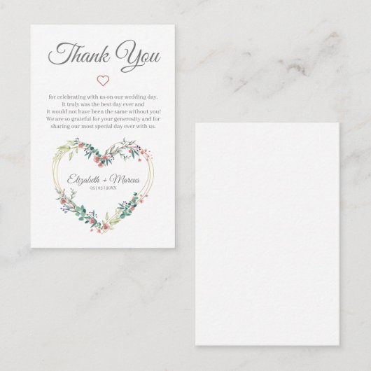 Floral Heart in Pink with Thanks Visitenkarte (Vorne/Hinten)