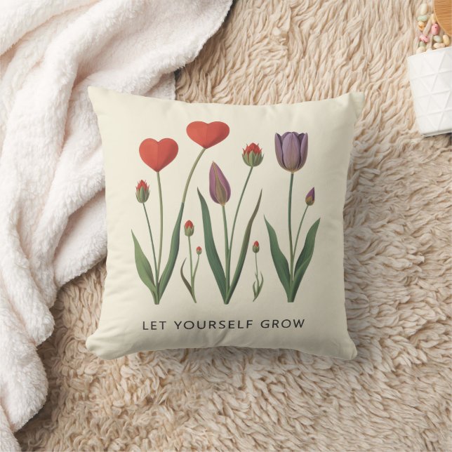 Floral Heart Tulips Let Yourself Grow Quote Kissen (Decke)