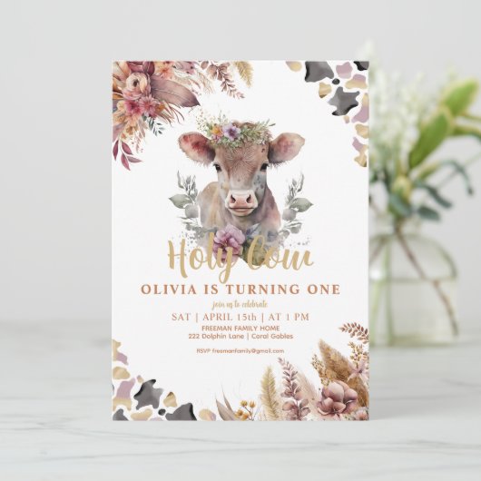 Floral Heilige Kuh Erstgeburt Mädchen Einladung (Stehend Vorderseite)