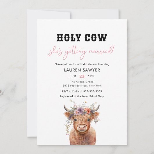 Floral Heilige Kuh Western Cowgirl Brautparty Einladung (Vorderseite)