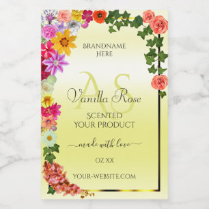 Floral-hellgelbe Produktetiketten mit Monogramm Lebensmitteletikett