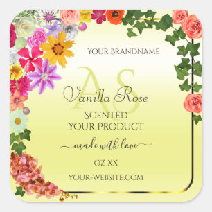 Floral-hellgelbe Produktetiketten mit Monogramm Quadratischer Aufkleber